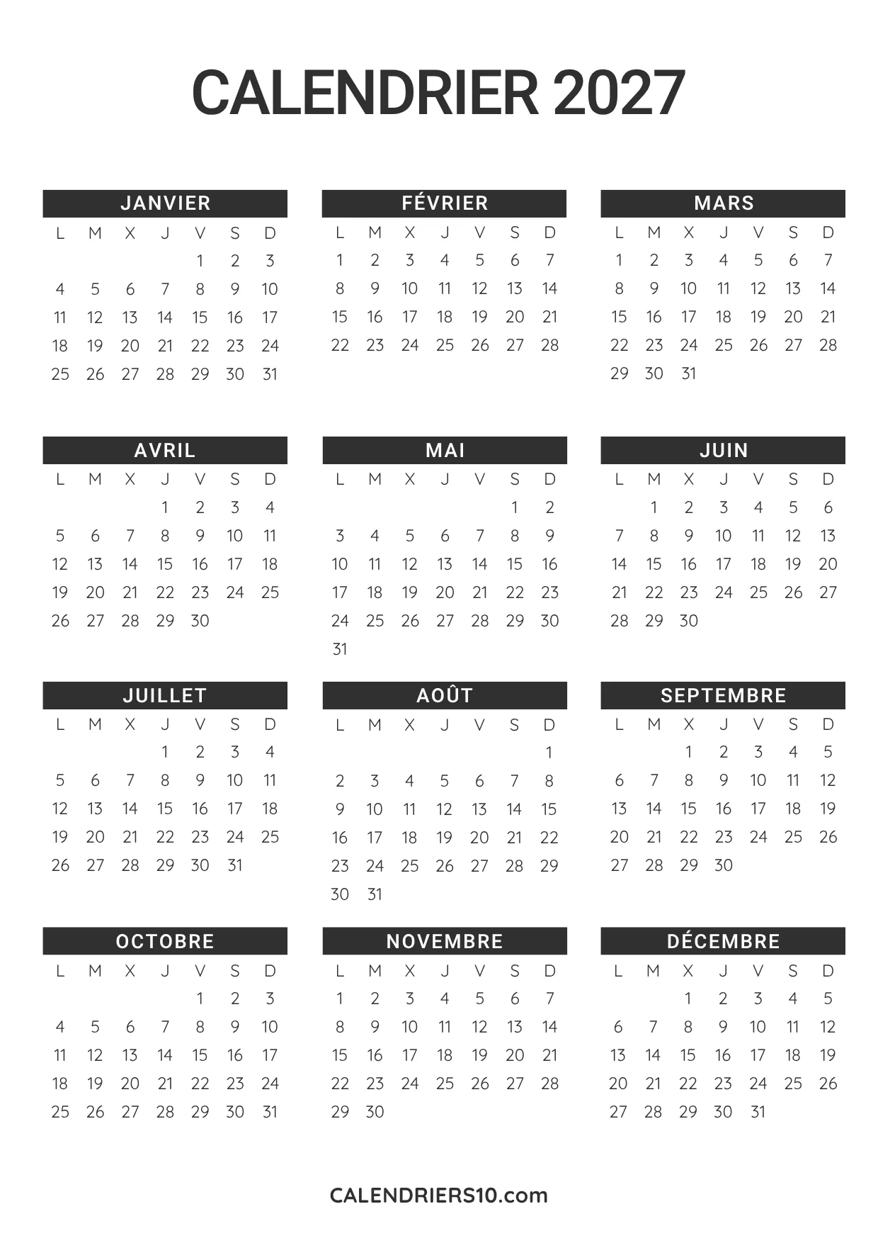 calendrier annuel 2027 imprimable style minimaliste noir