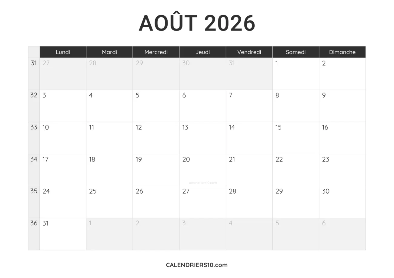 calendrier août 2026 a imprimer noir minimaliste