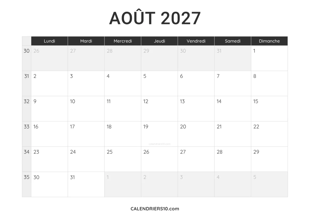 calendrier août 2027 a imprimer noir minimaliste