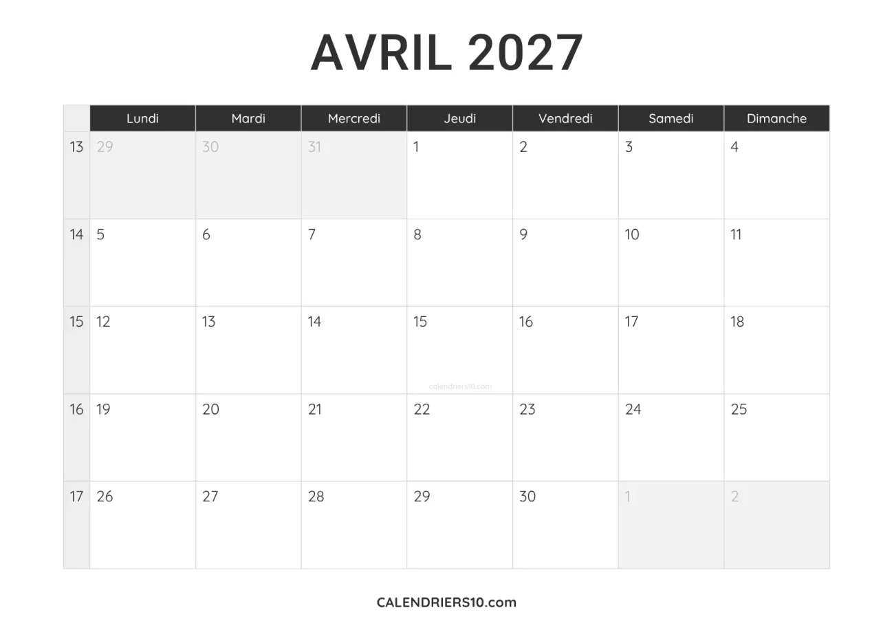 calendrier avril 2027 a imprimer noir minimaliste