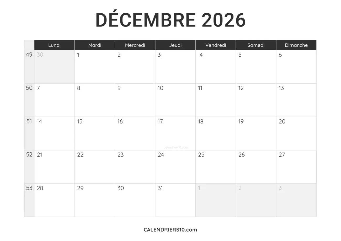 calendrier décembre 2026 a imprimer noir minimaliste