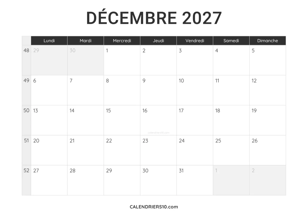 calendrier décembre 2027 a imprimer noir minimaliste