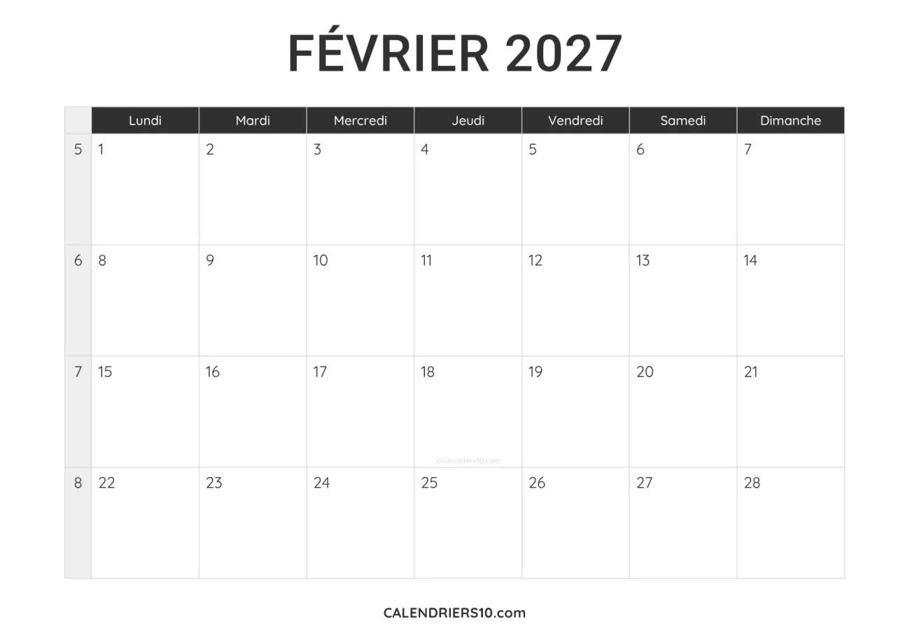 calendrier février 2027 a imprimer noir minimaliste