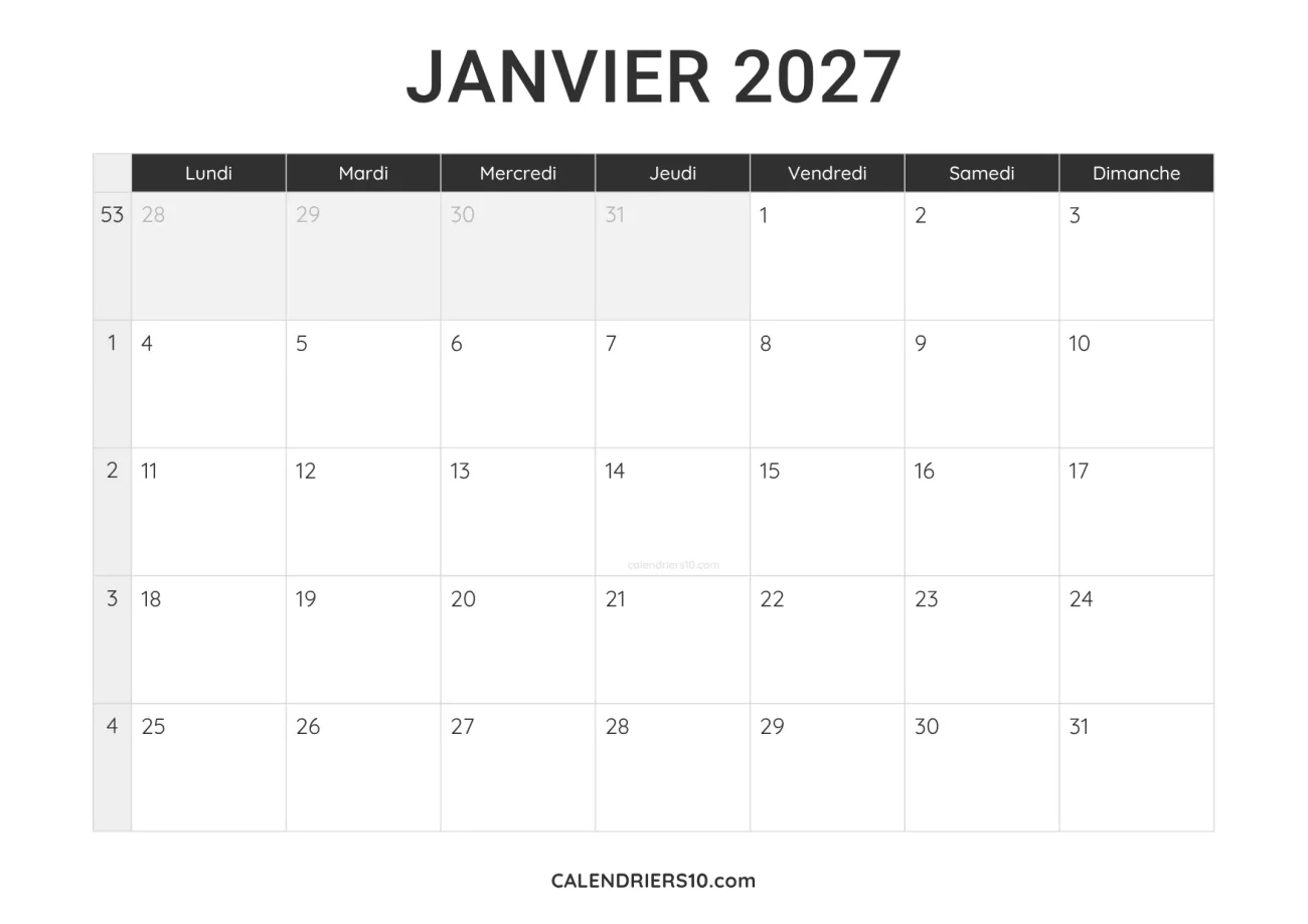 calendrier janvier 2027 a imprimer noir minimaliste