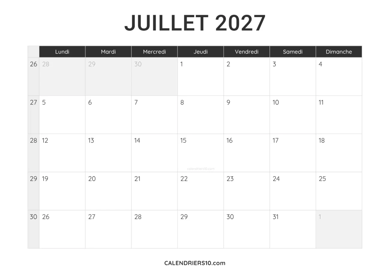 calendrier juillet 2027 a imprimer noir minimaliste