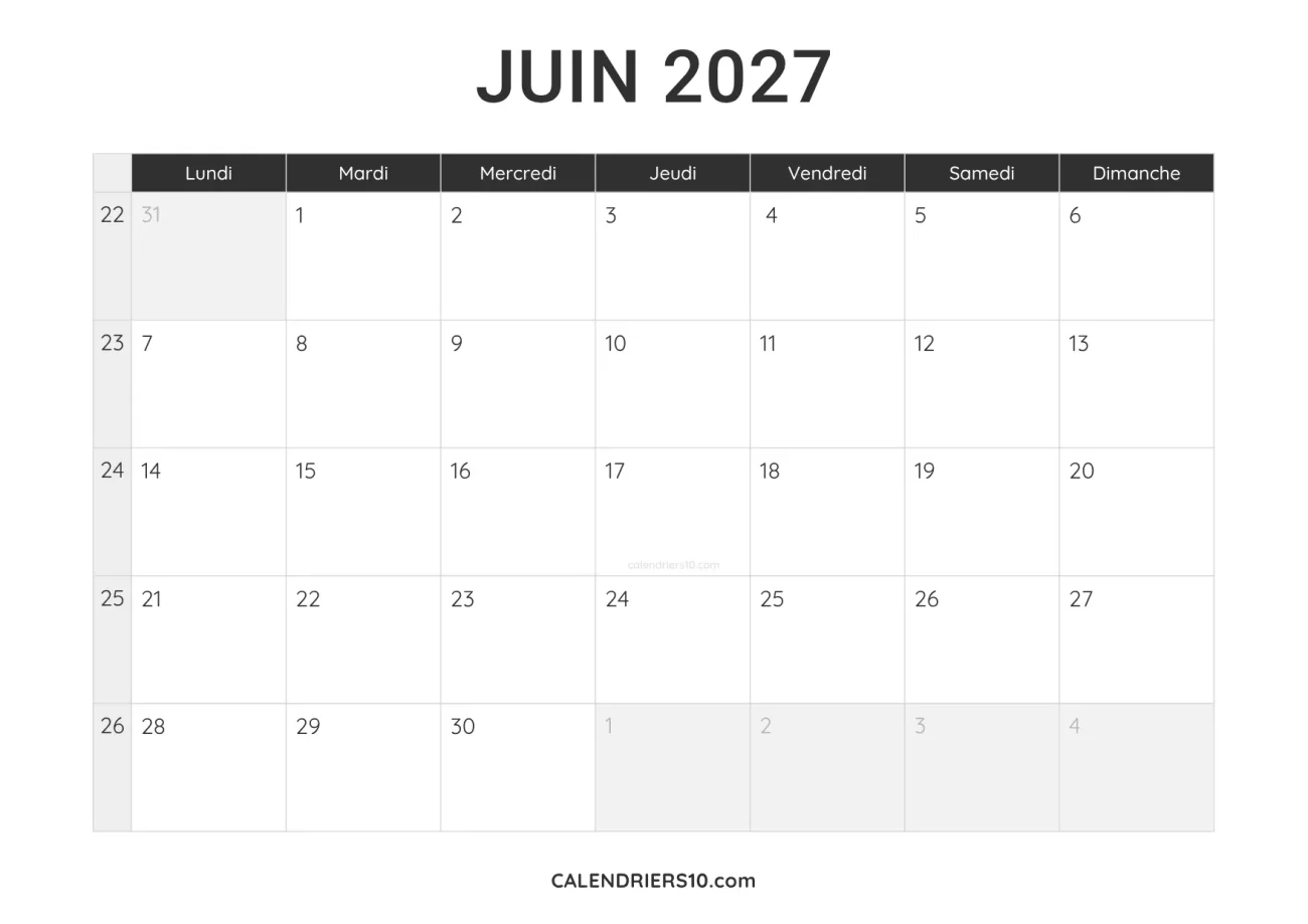 calendrier juin 2027 a imprimer noir minimaliste