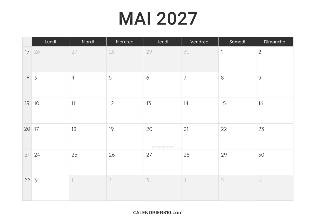 calendrier mai 2027 a imprimer noir minimaliste