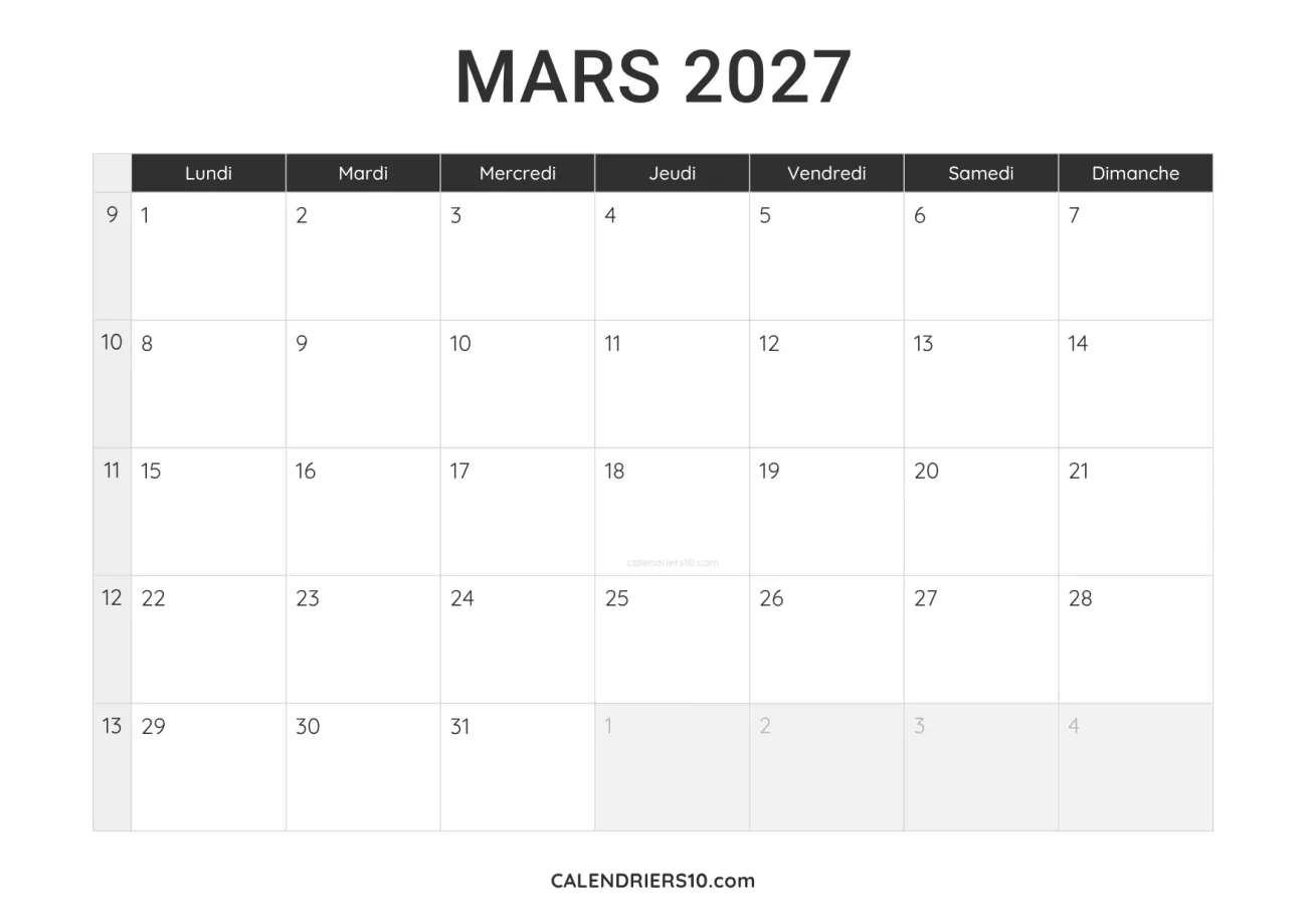 calendrier mars 2027 a imprimer noir minimaliste