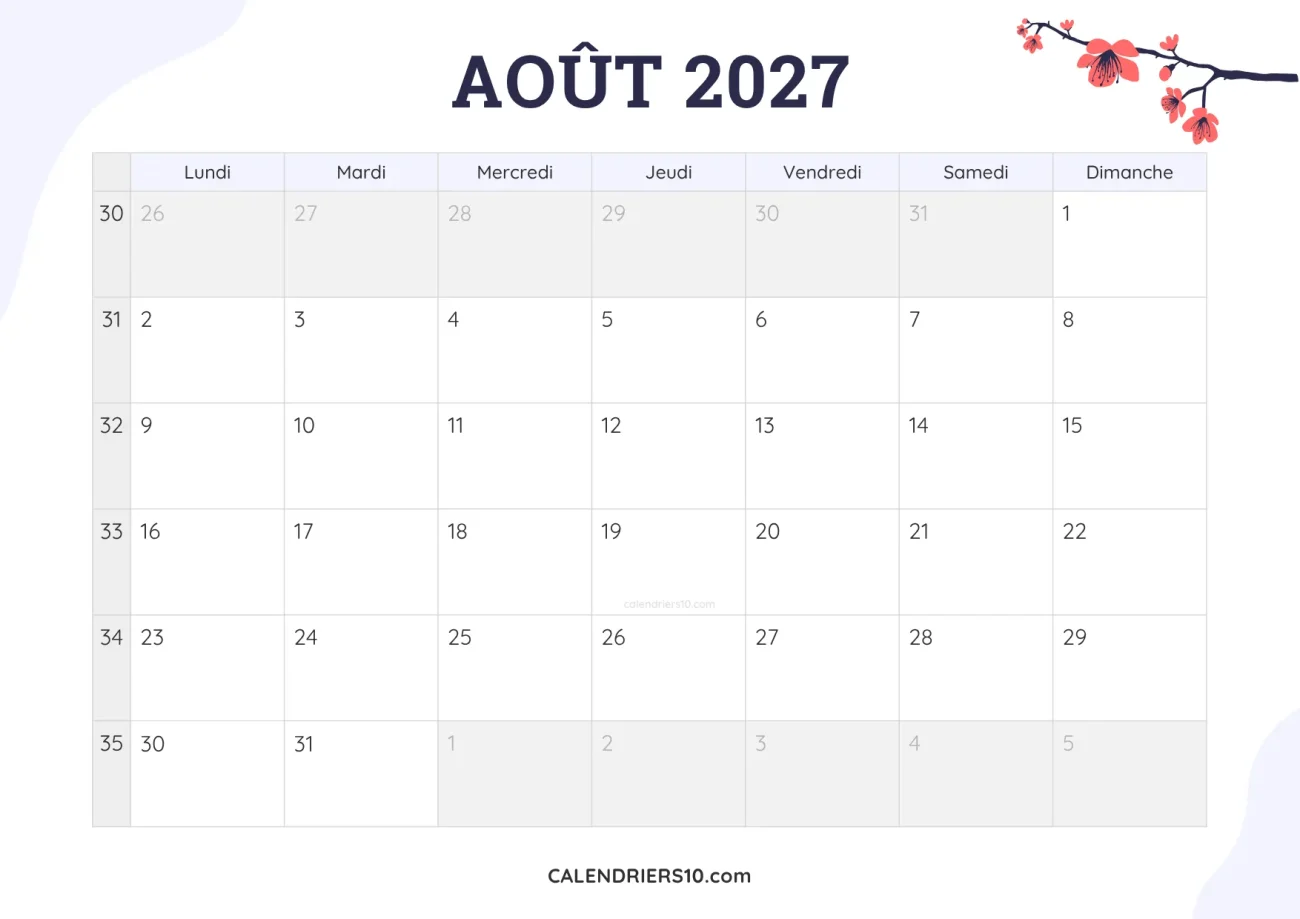 calendrier mensuel août 2027 imprimable fleurs joli