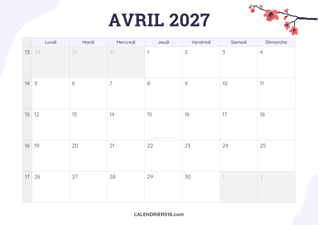 calendrier mensuel avril 2027 imprimable fleurs joli