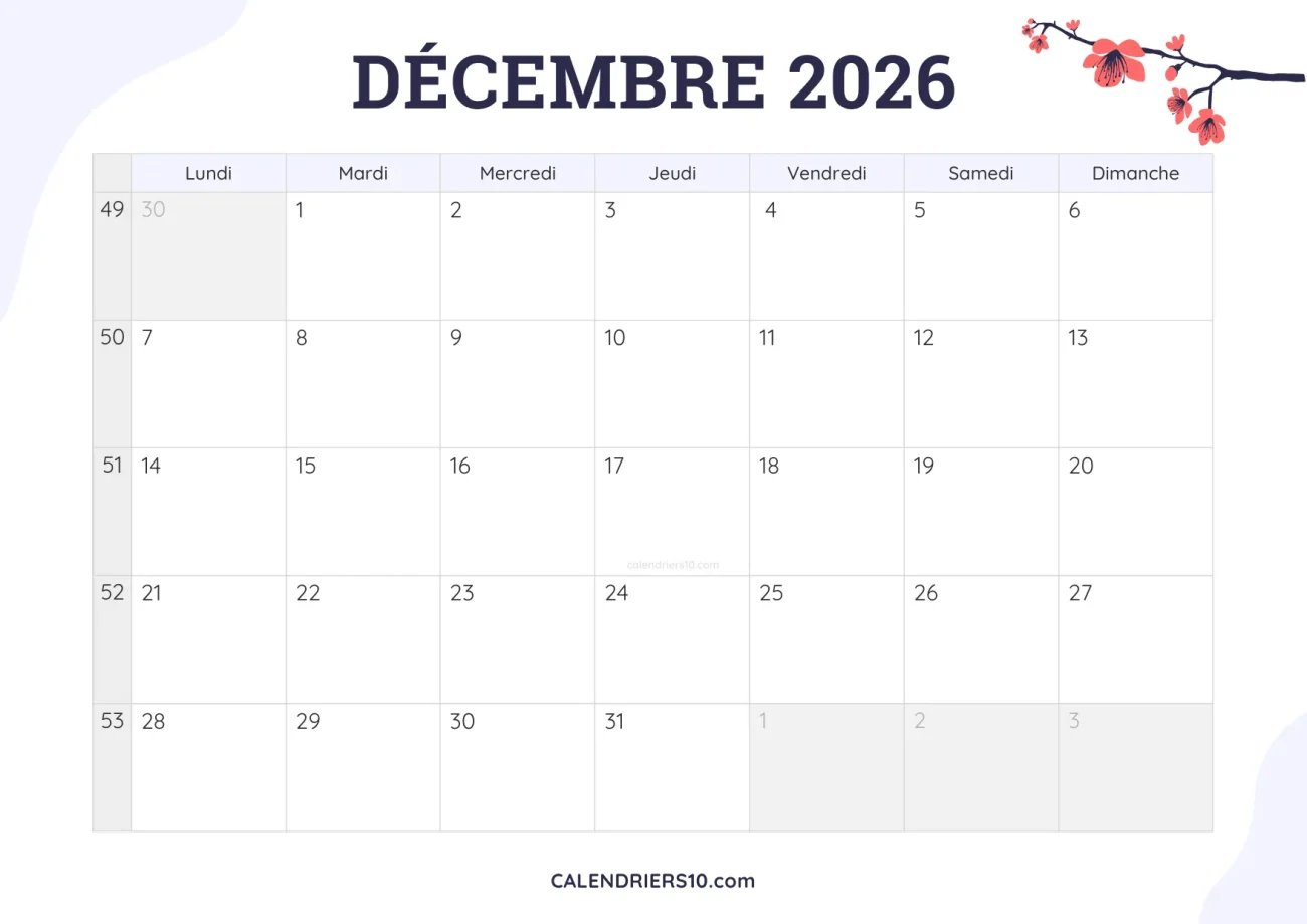 calendrier mensuel décembre 2026 imprimable fleurs joli