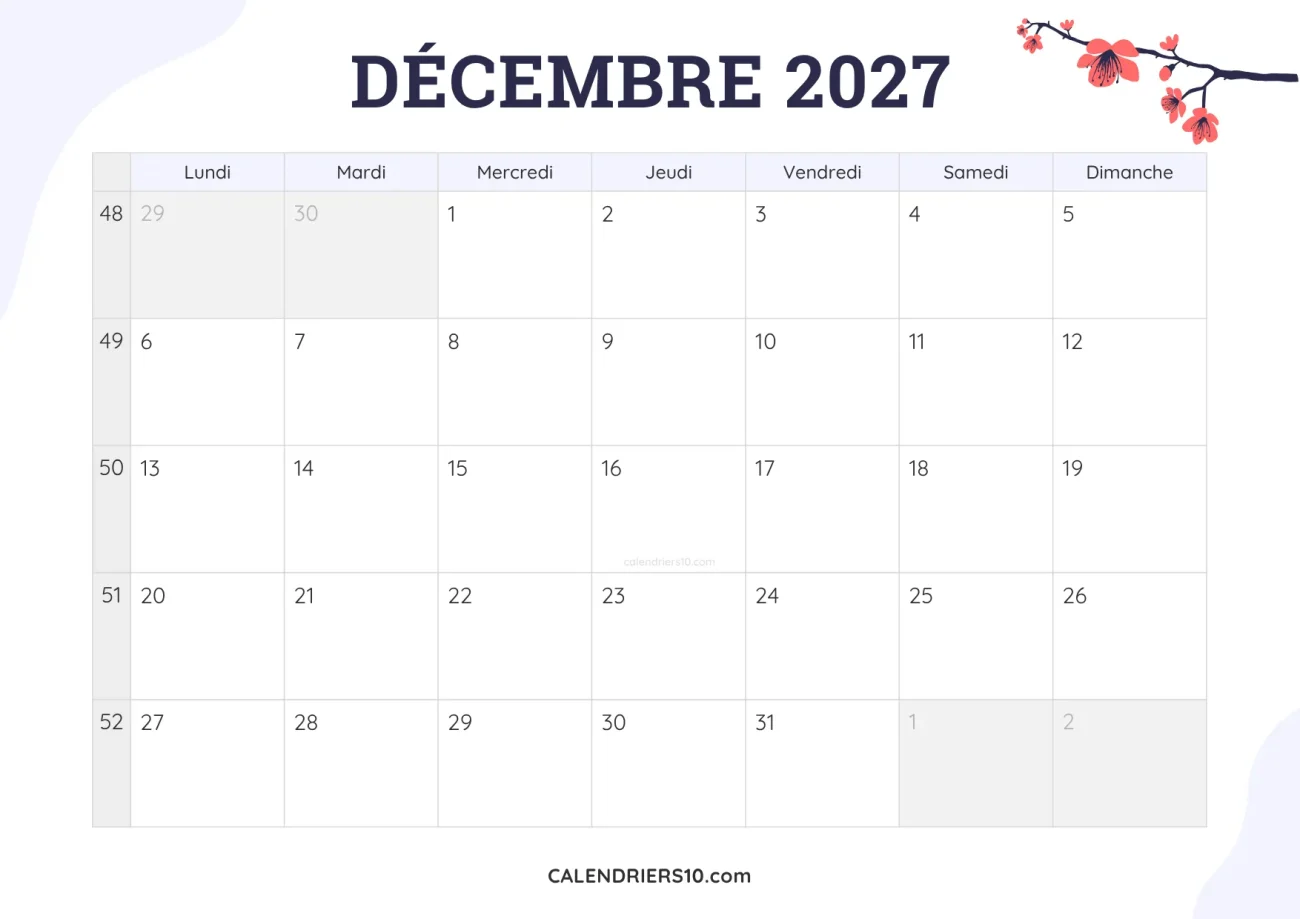 calendrier mensuel décembre 2027 imprimable fleurs joli