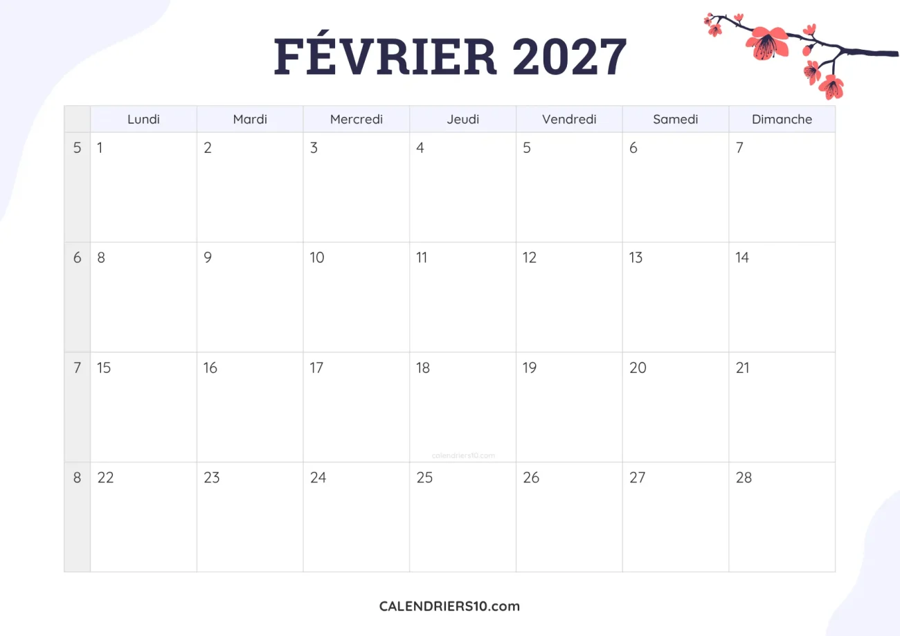 calendrier mensuel février 2027 imprimable fleurs joli