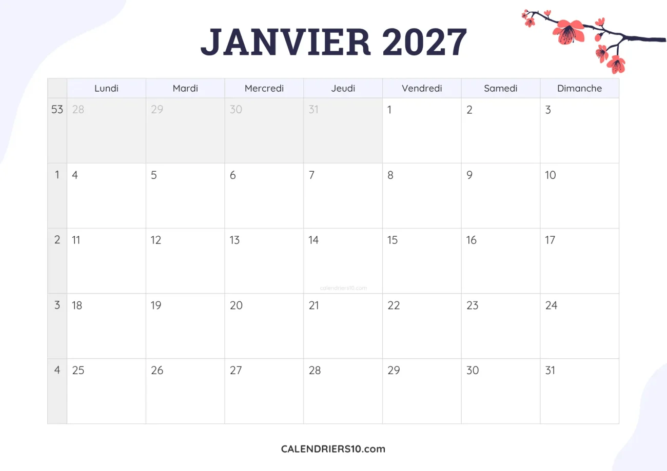 calendrier mensuel janvier 2027 imprimable fleurs joli