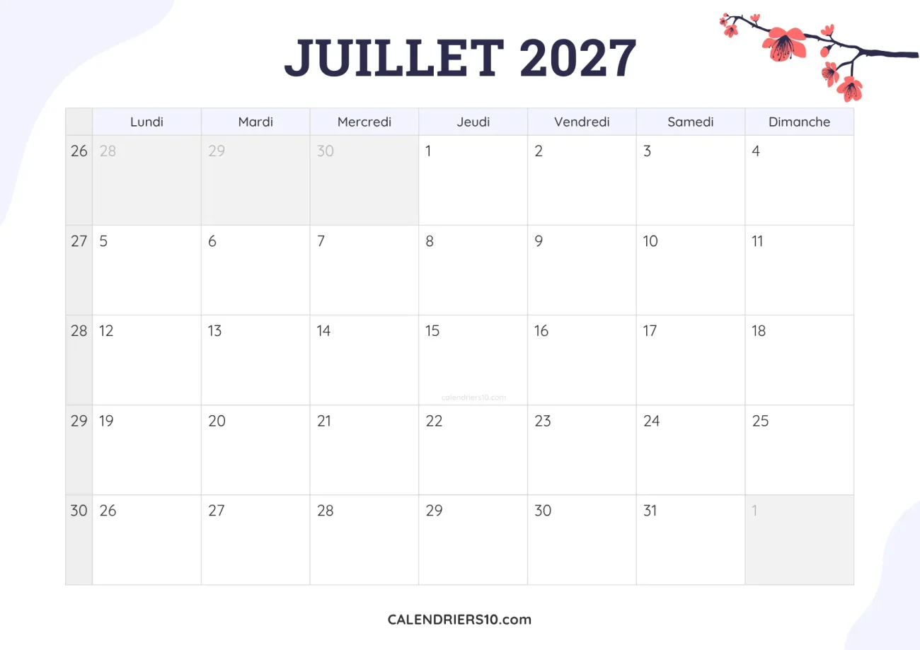 calendrier mensuel juillet 2027 imprimable fleurs joli