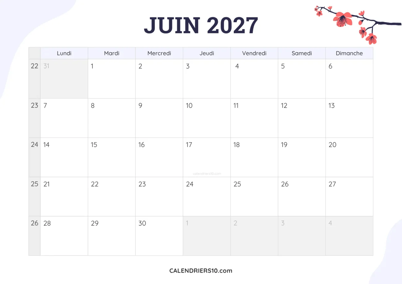 calendrier mensuel juin 2027 imprimable fleurs joli
