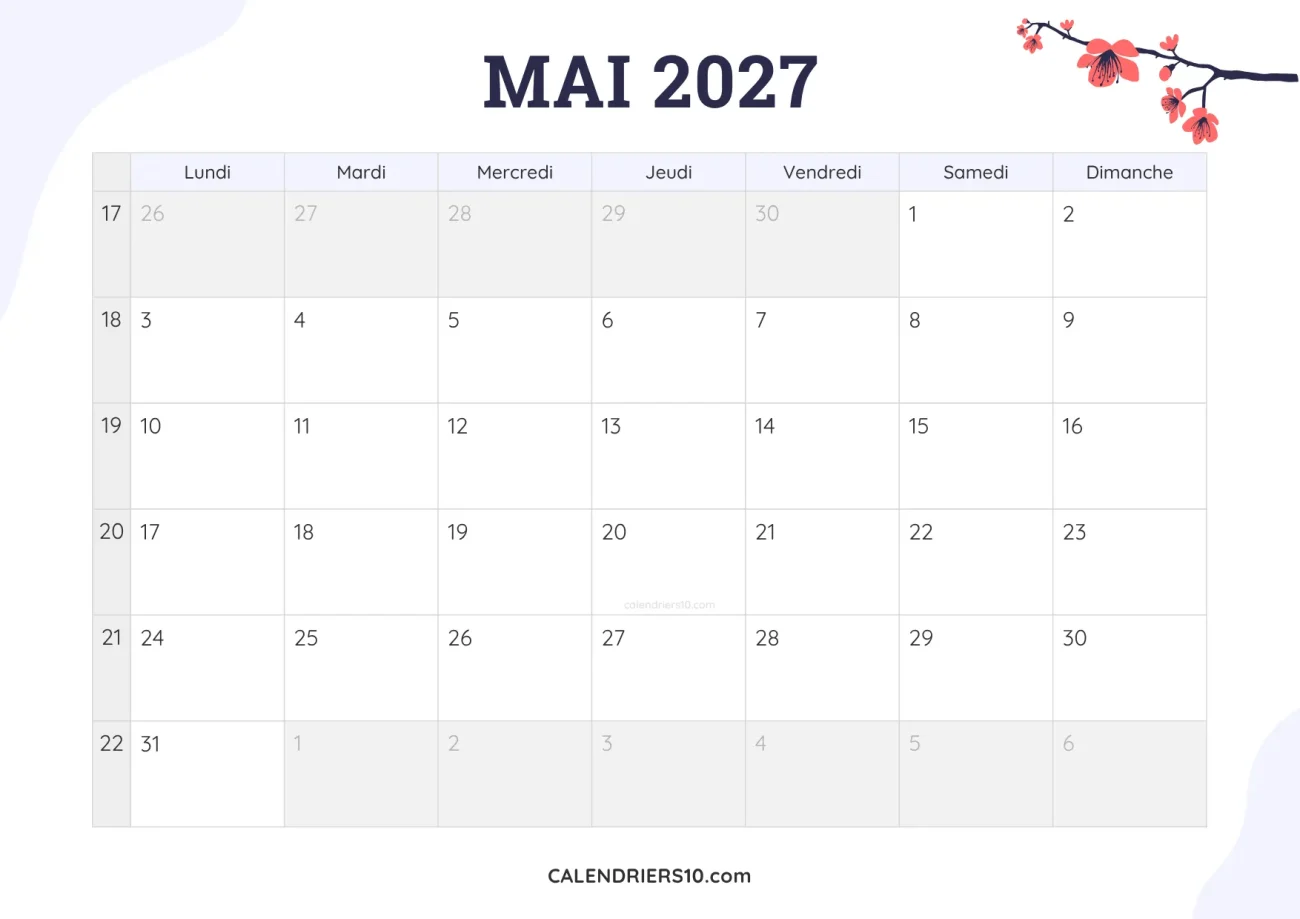calendrier mensuel mai 2027 imprimable fleurs joli