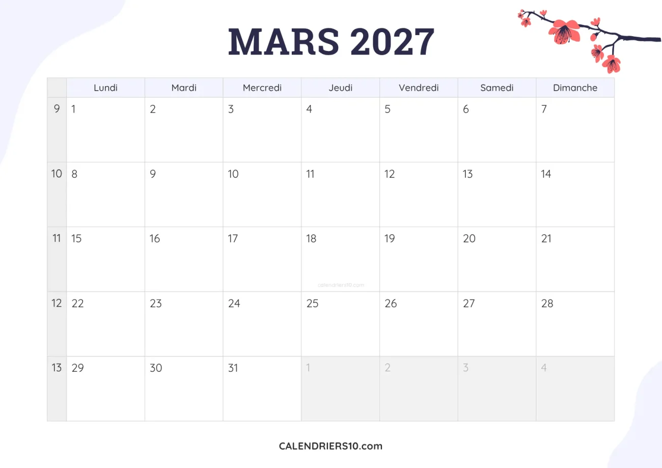 calendrier mensuel mars 2027 imprimable fleurs joli