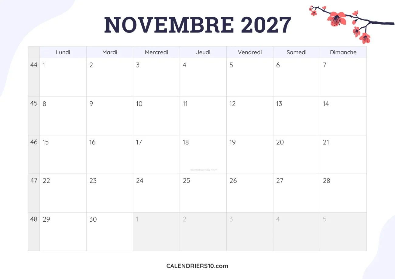 calendrier mensuel novembre 2027 imprimable fleurs joli