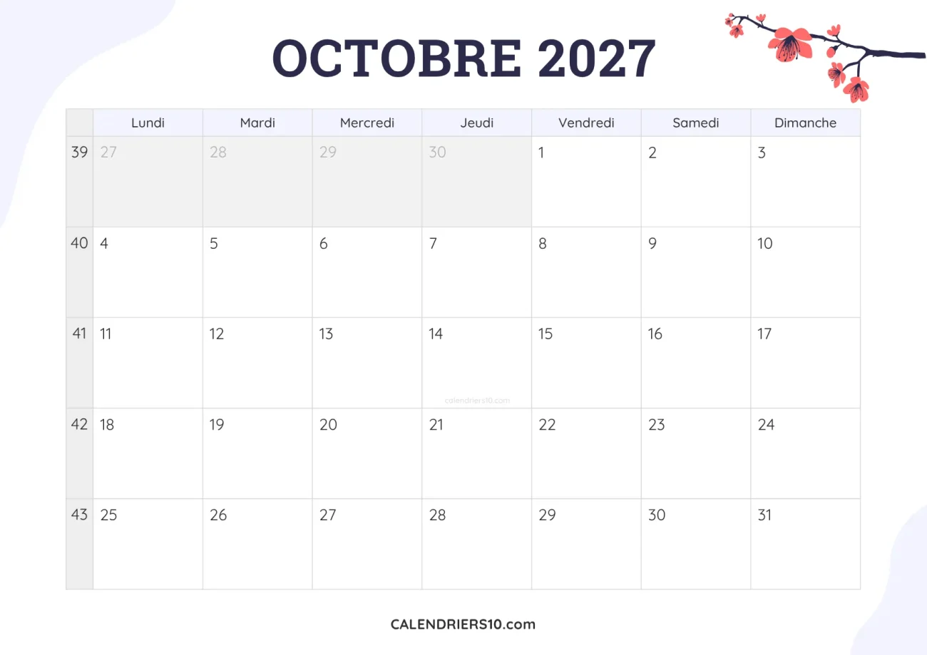 calendrier mensuel octobre 2027 imprimable fleurs joli