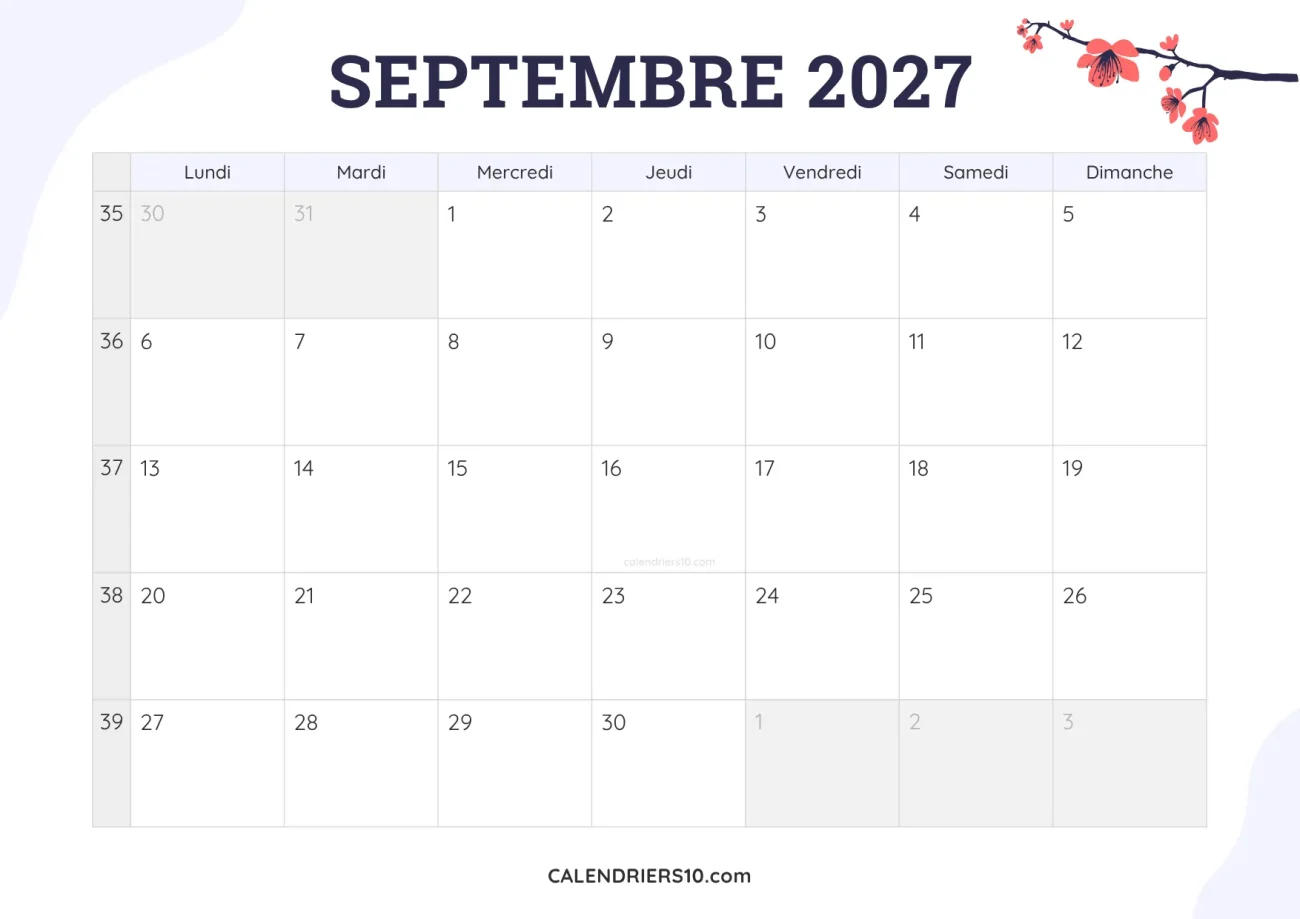 calendrier mensuel septembre 2027 imprimable fleurs joli