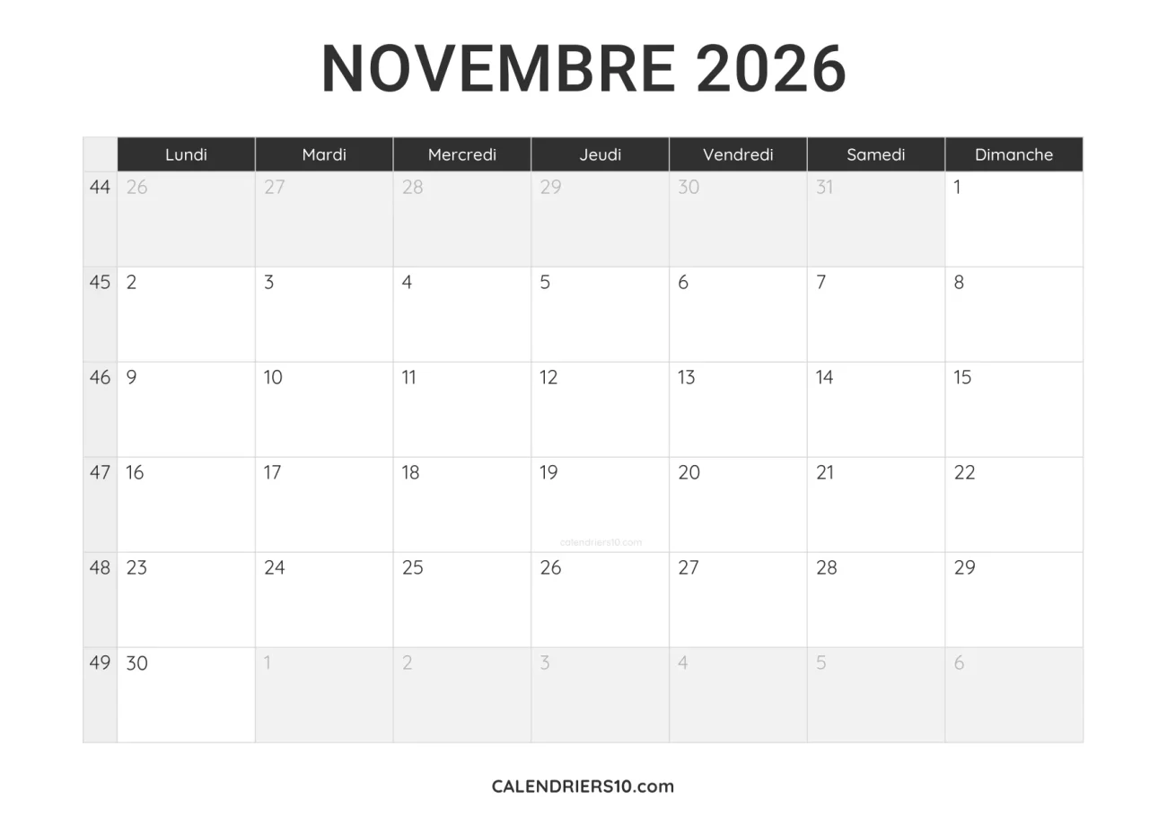 calendrier novembre 2026 a imprimer noir minimaliste