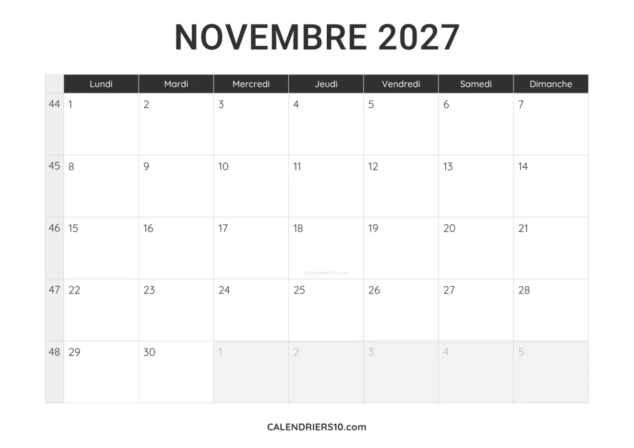 calendrier novembre 2027 a imprimer noir minimaliste