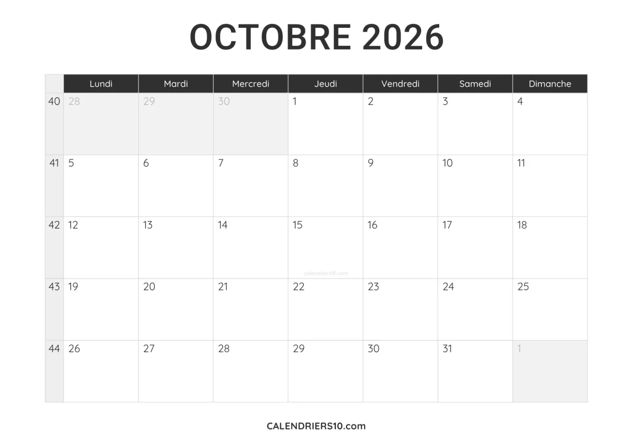 calendrier octobre 2026 a imprimer noir minimaliste
