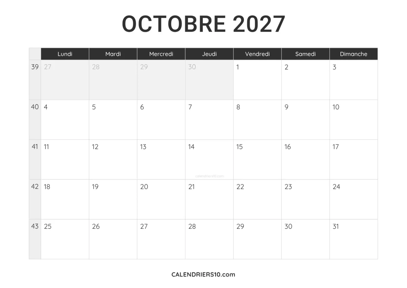 calendrier octobre 2027 a imprimer noir minimaliste
