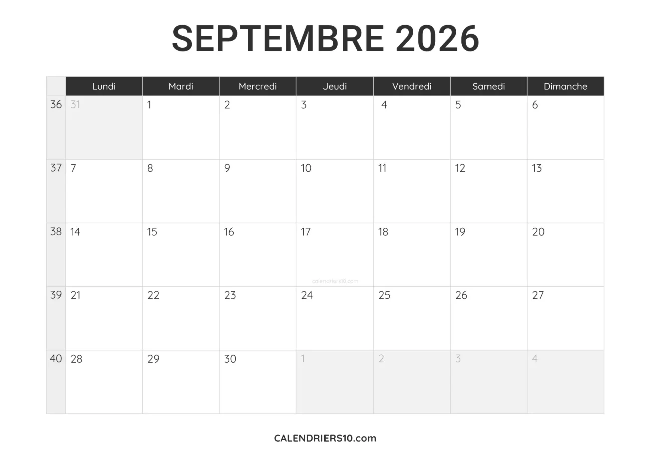 calendrier septembre 2026 a imprimer noir minimaliste