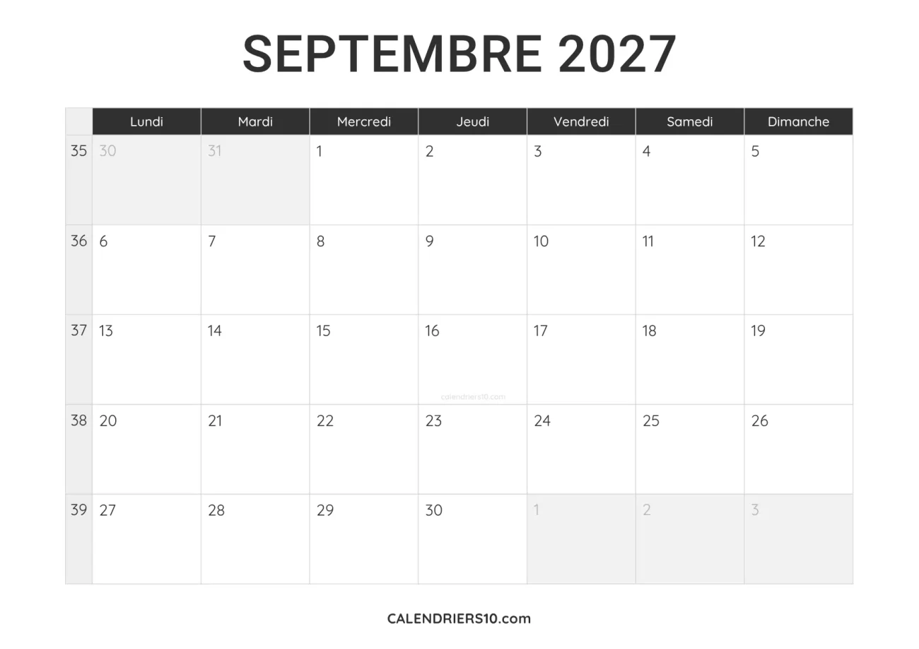 calendrier septembre 2027 a imprimer noir minimaliste
