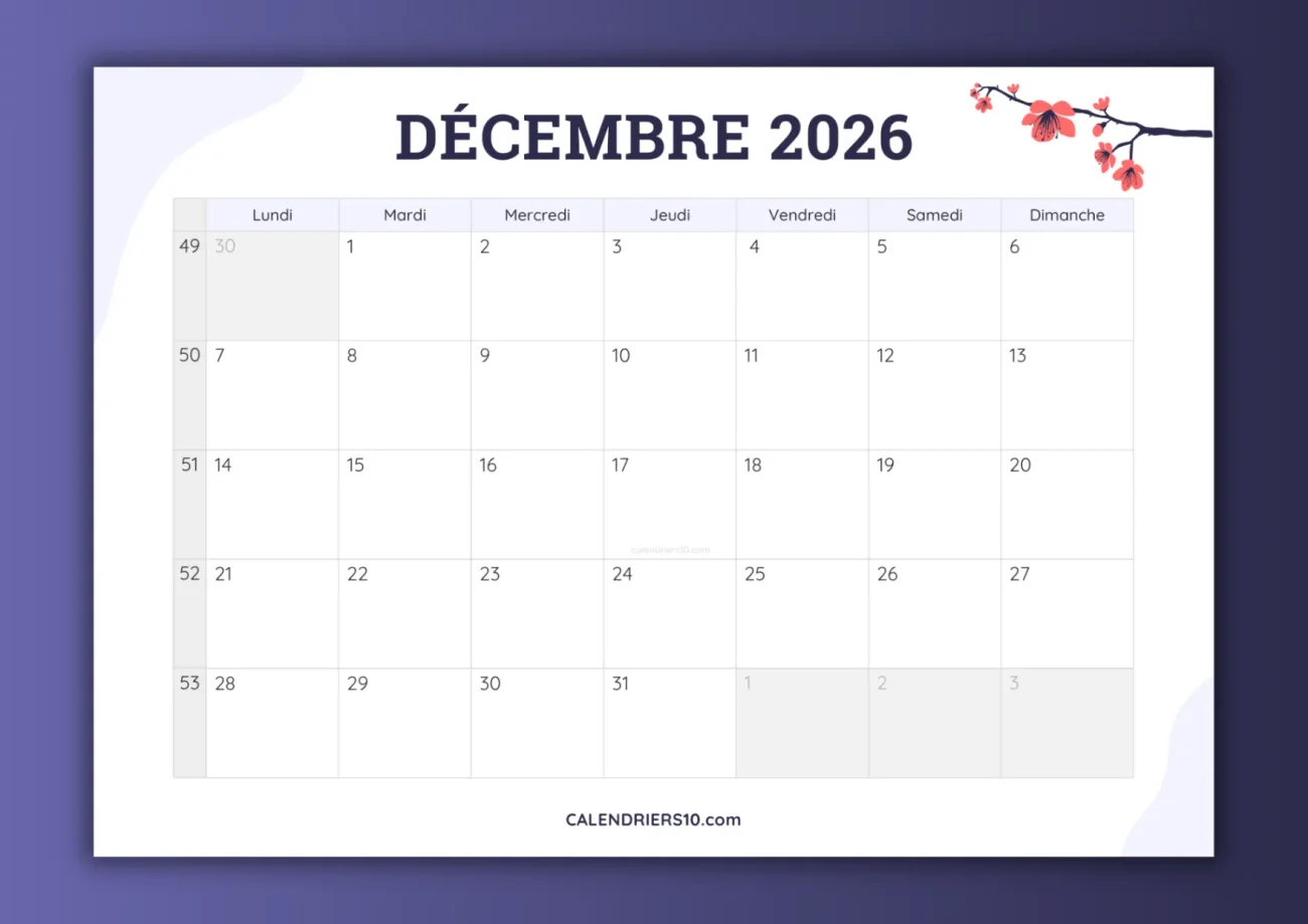 calendriers mensuels décembre 2026 avec numero semaine