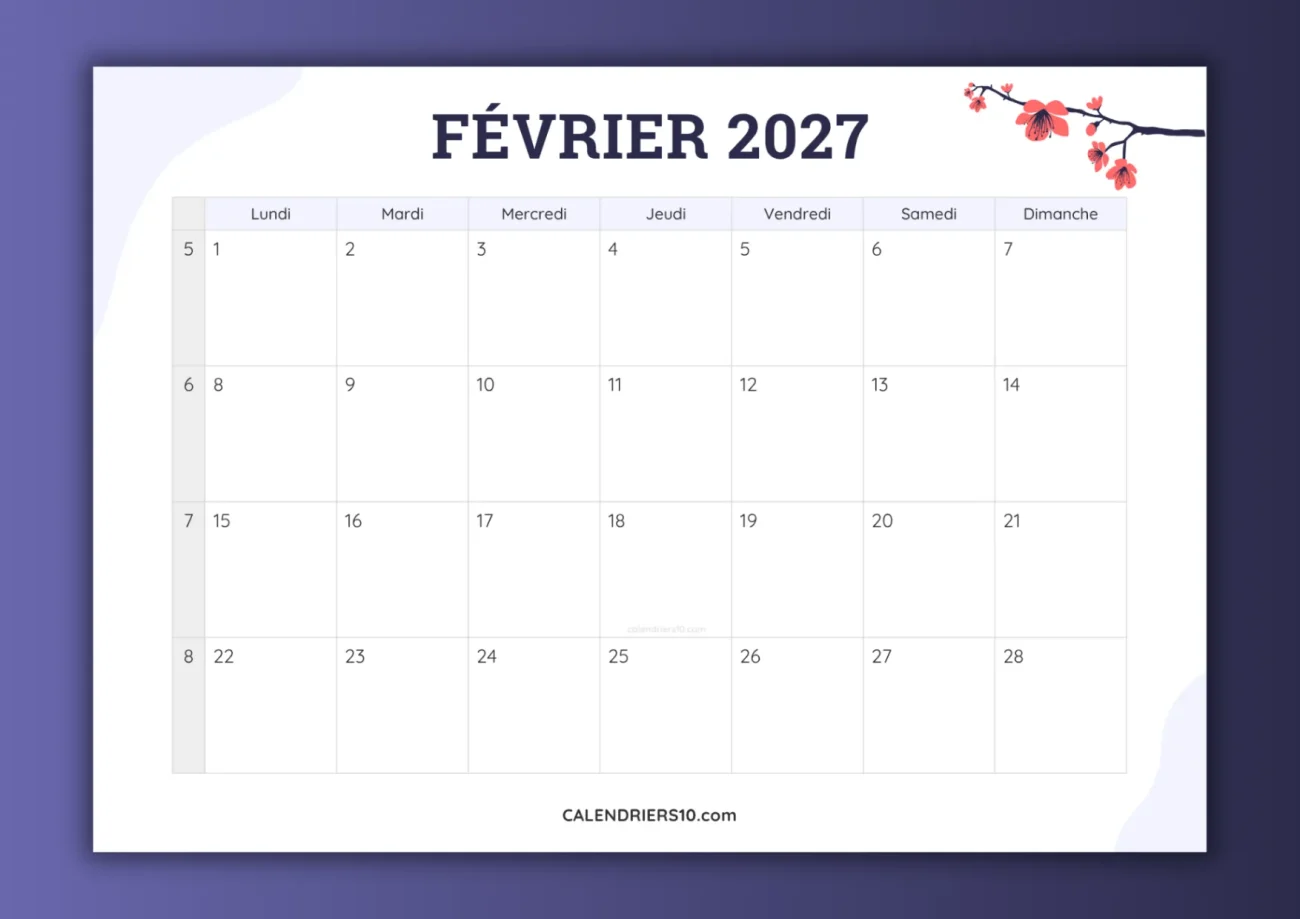 calendriers mensuels février 2027 avec numero semaine