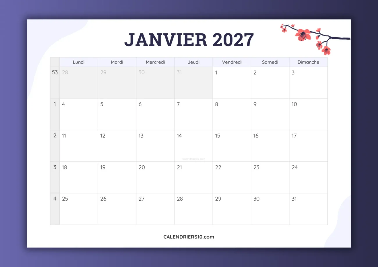calendriers mensuels janvier 2027 avec numero semaine