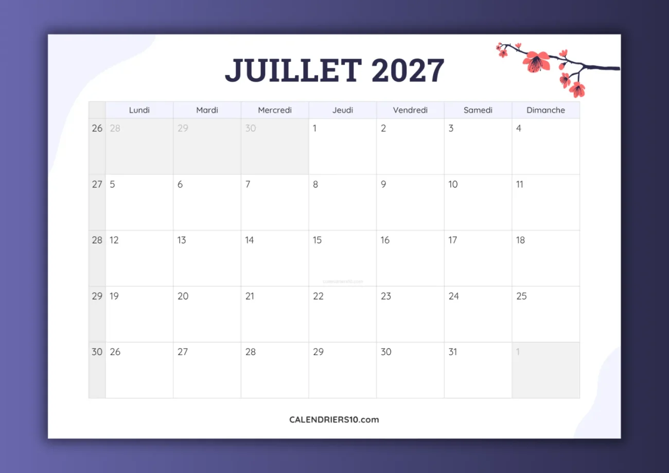 calendriers mensuels juillet 2027 avec numero semaine