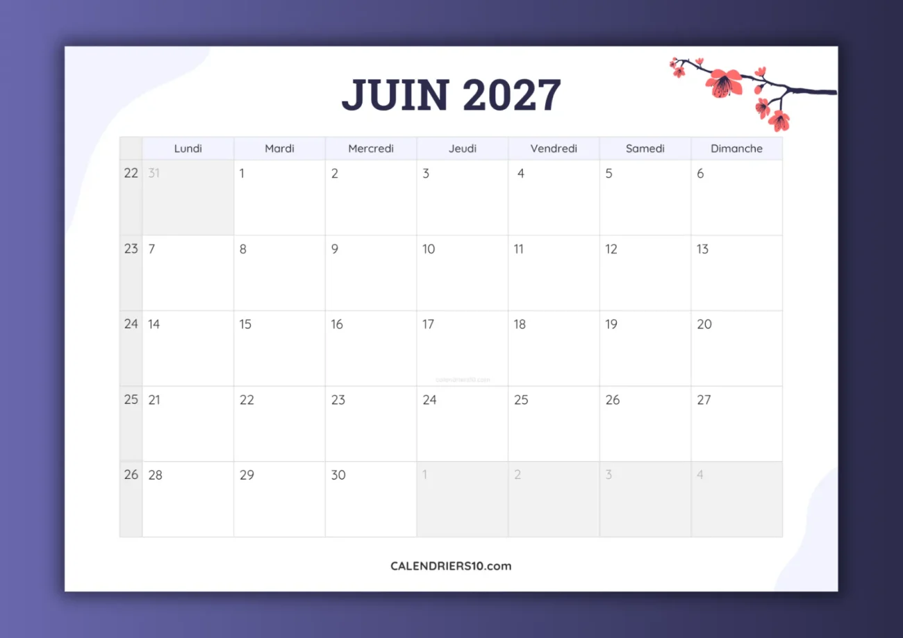 calendriers mensuels juin 2027 avec numero semaine