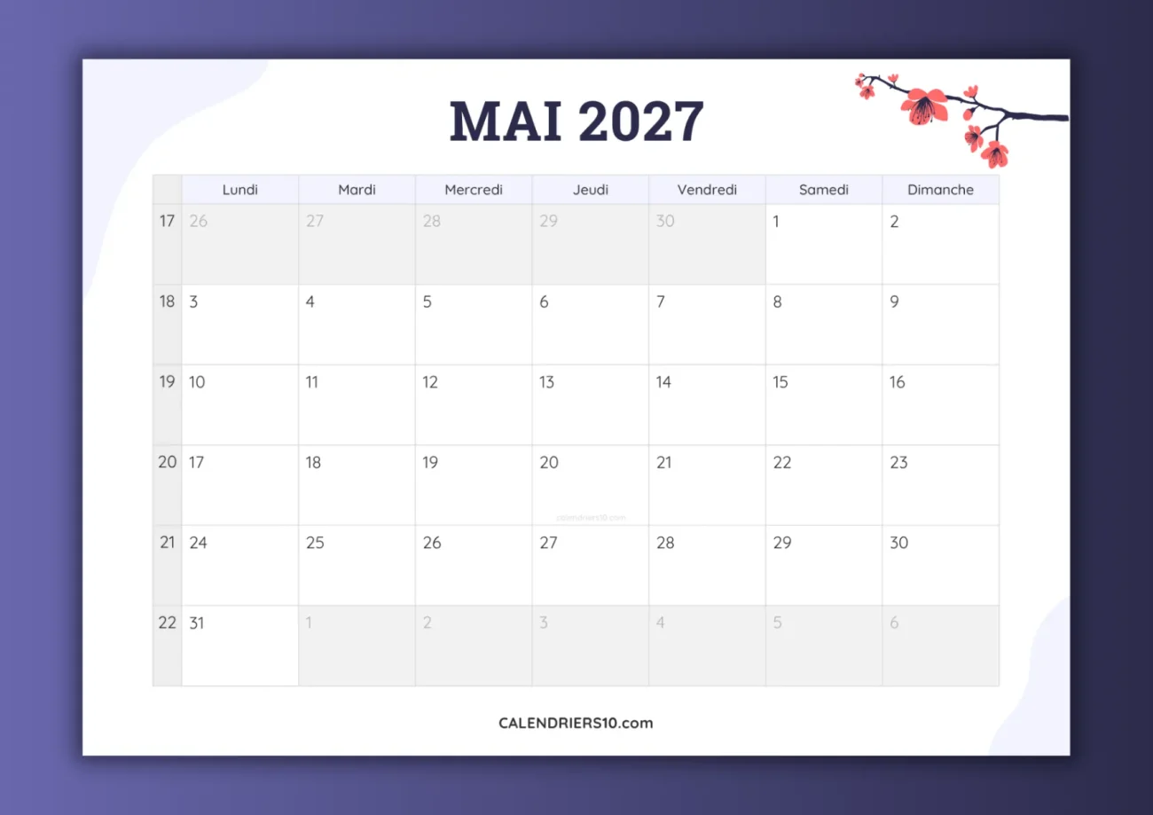calendriers mensuels mai 2027 avec numero semaine