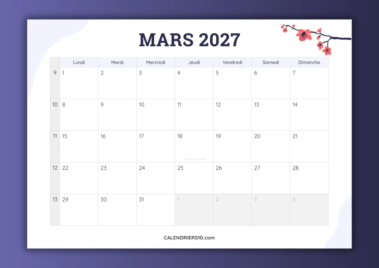 calendriers mensuels mars 2027 avec numero semaine
