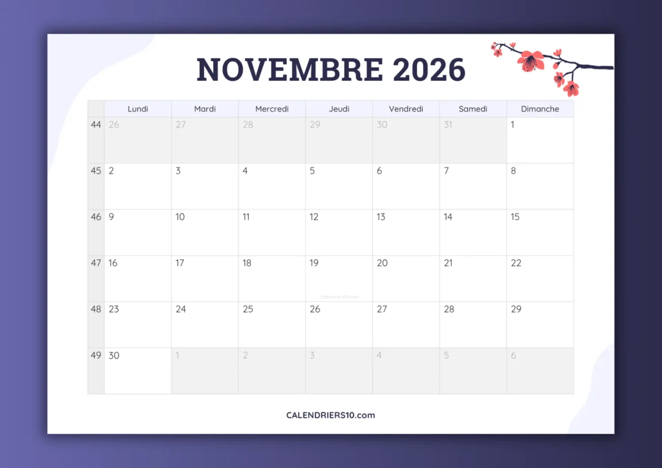 calendriers mensuels novembre 2026 avec numero semaine