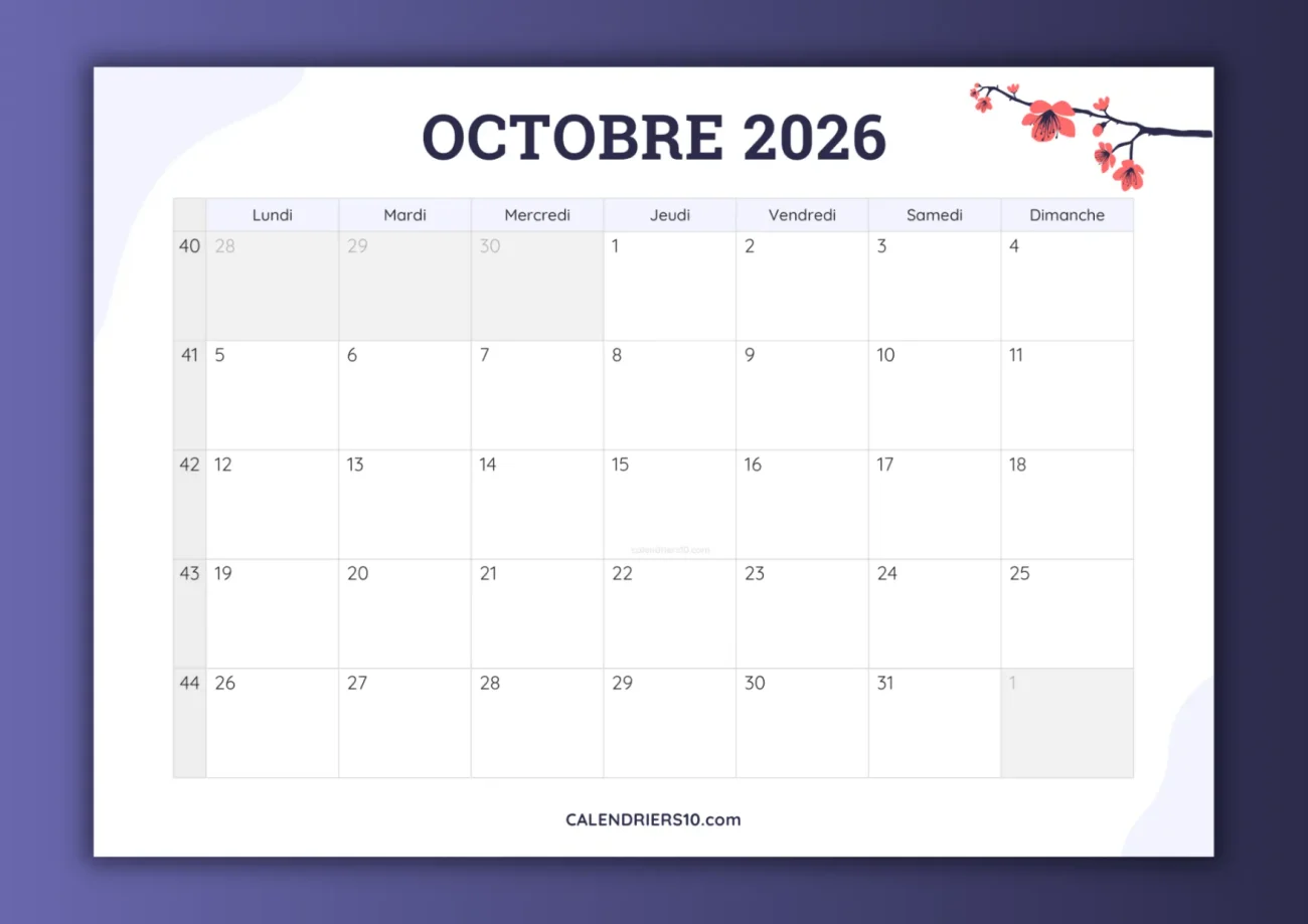 calendriers mensuels octobre 2026 avec numero semaine