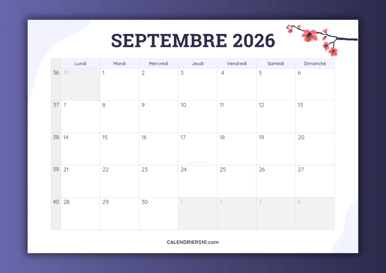 calendriers mensuels septembre 2026 avec numero semaine