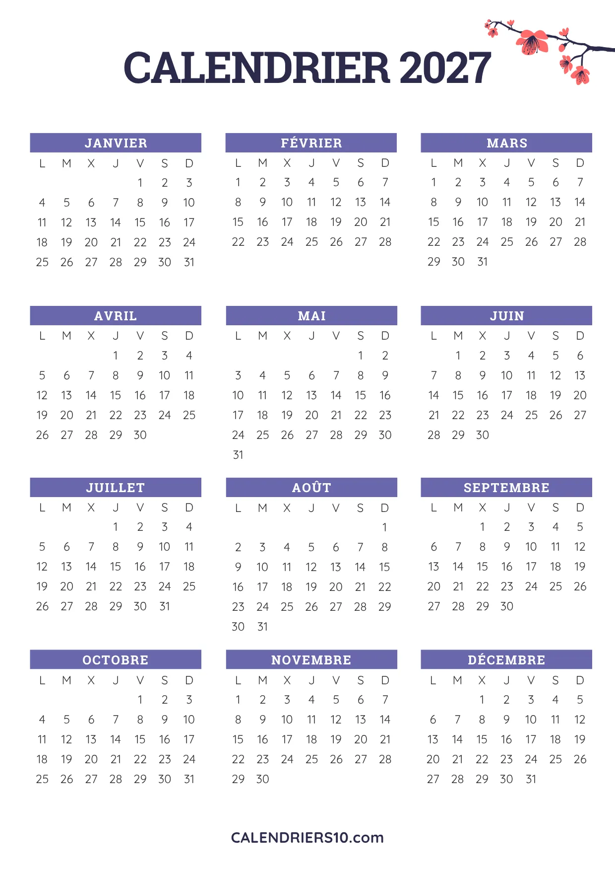planning annuel 2027 gratuit design floral